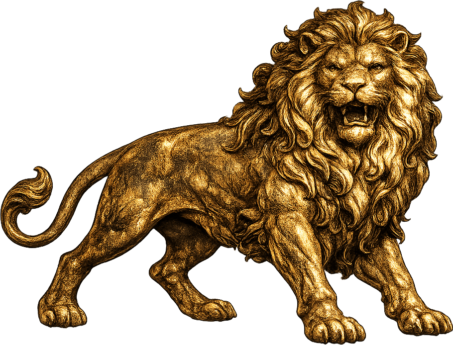 Leo — sculptural gold figure of the sign
